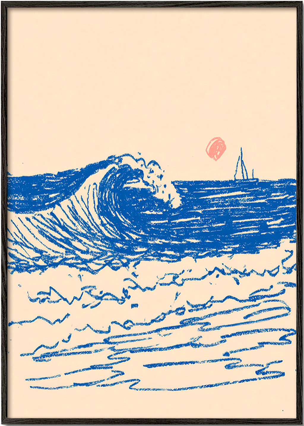 Cuadro de paisaje: ola y velero en boceto – Black Frame