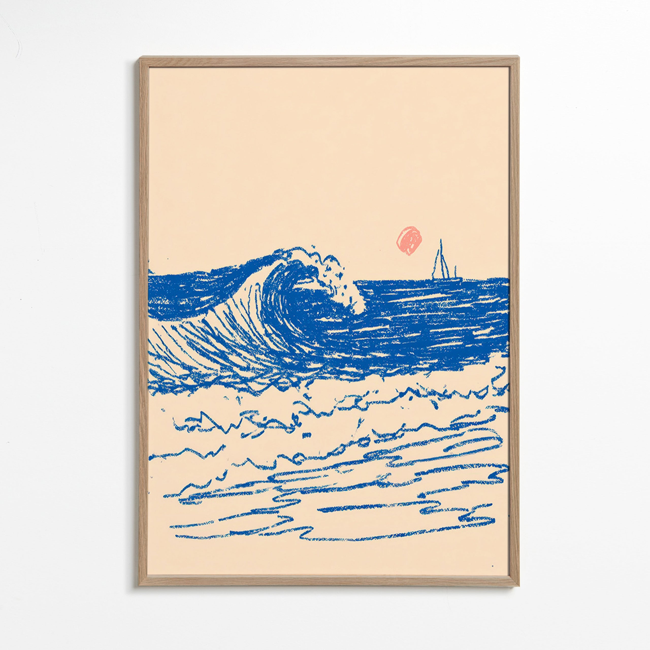 Cuadro de paisaje: ola y velero en boceto – Oak Frame