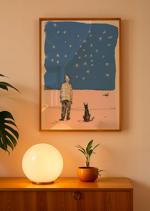 Ilustración: hombre y perro bajo estrellas – Product1