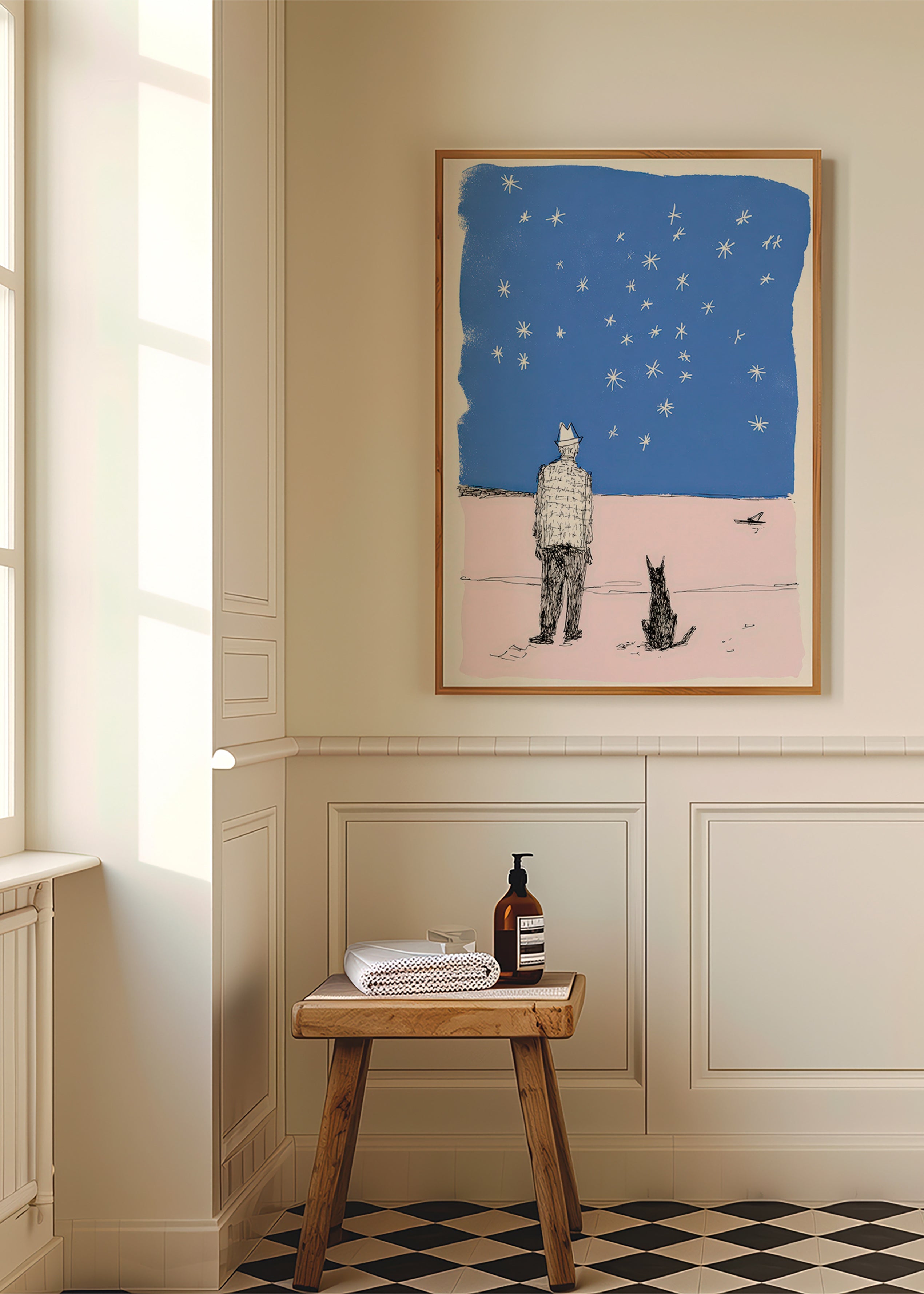 Illustration: man and dog under stars