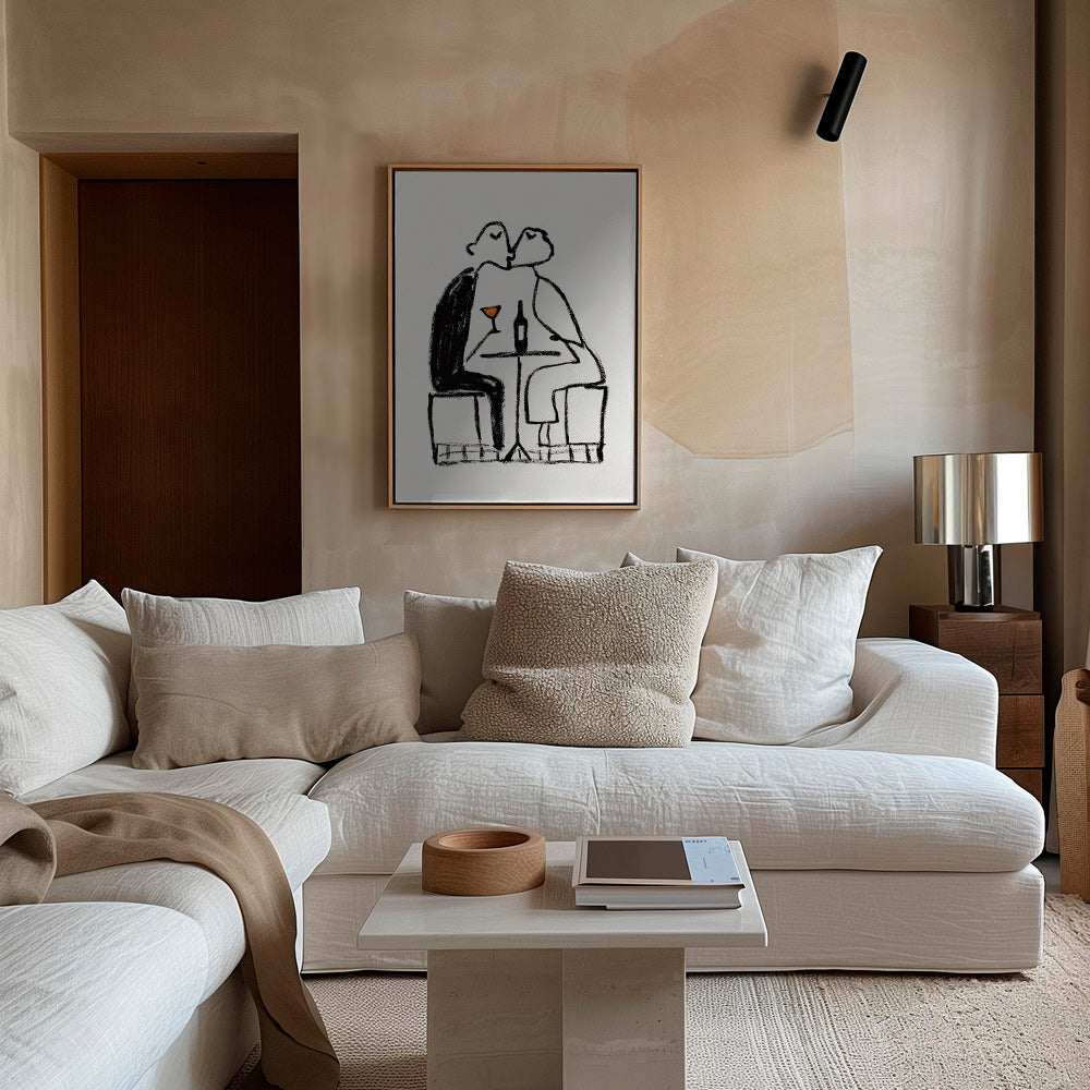 Kitchen art: couple sharing a wine