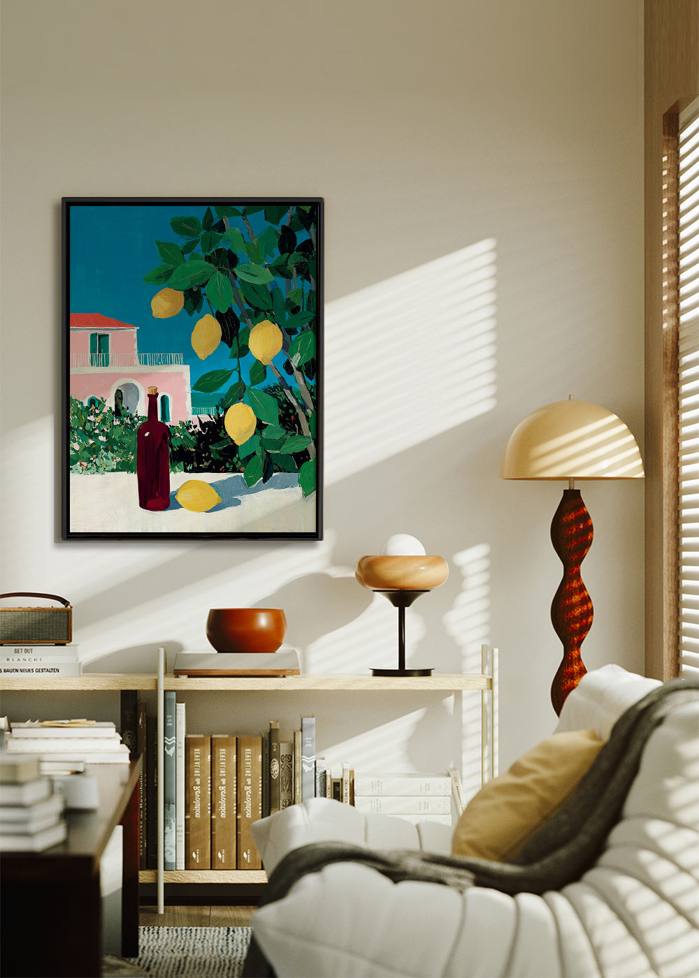 Kitchen art with lemons and bottle