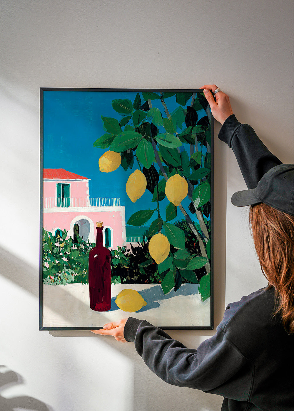 Kitchen art with lemons and bottle