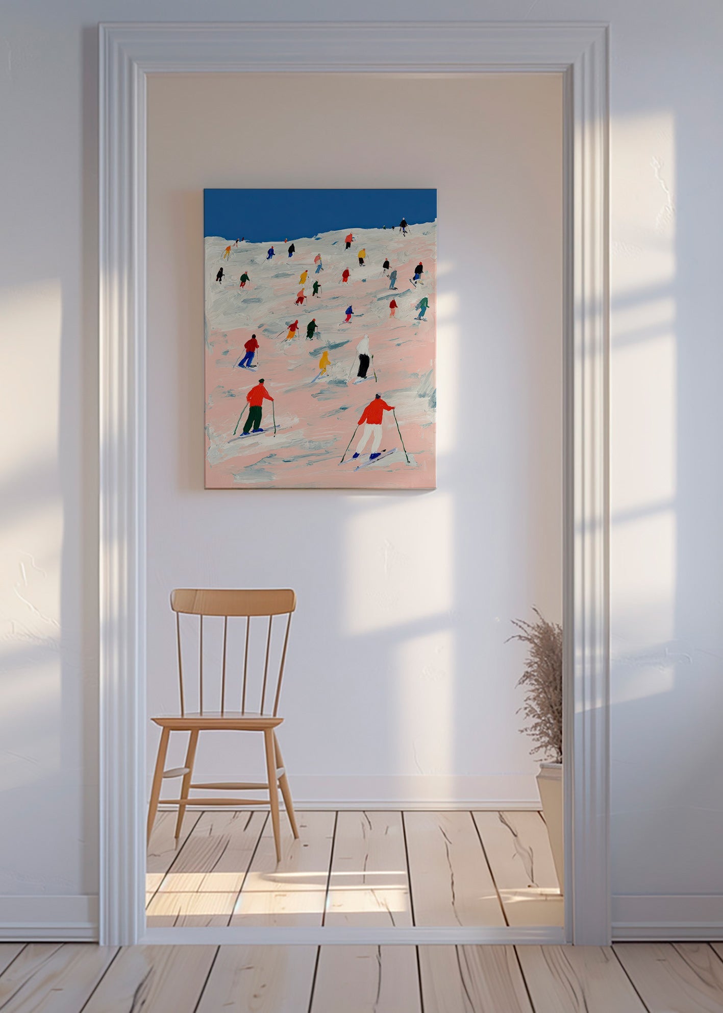 Ski sports artwork on colorful slope