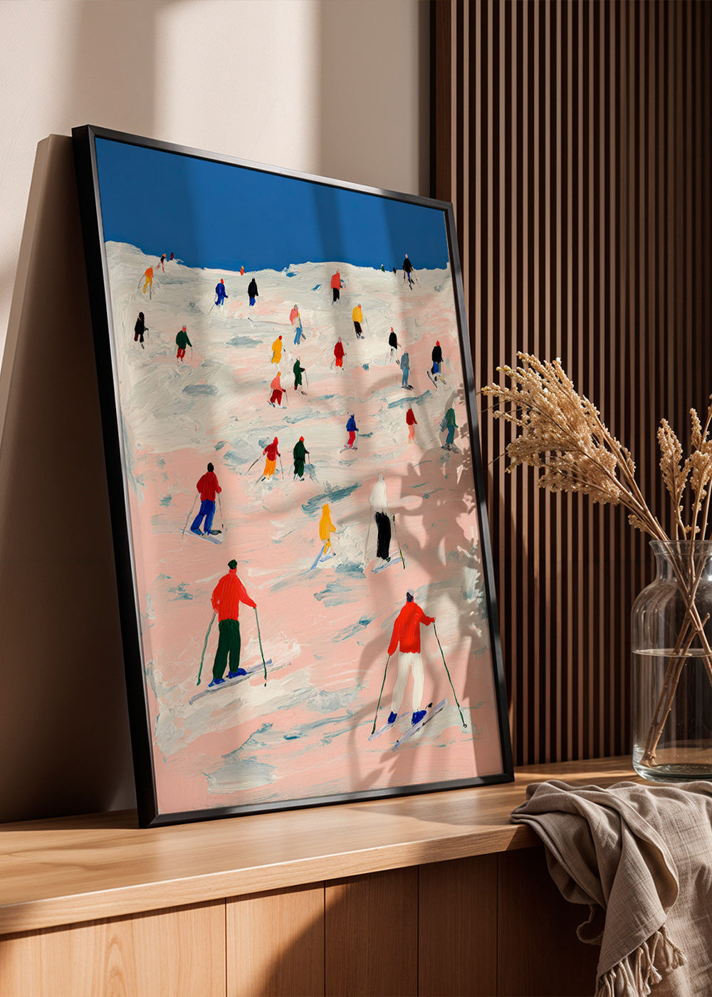 Ski sports artwork on colorful slope