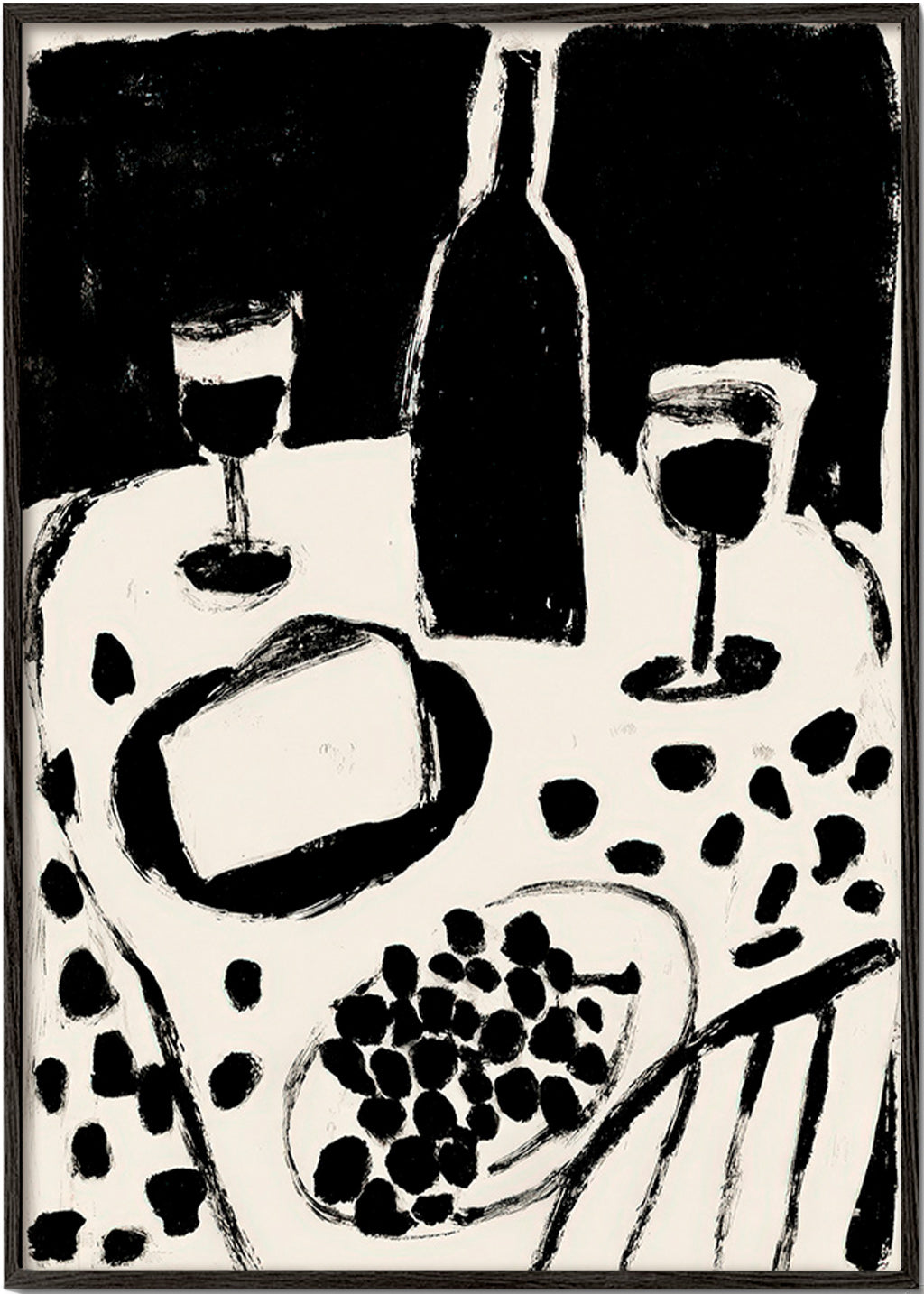 Kitchen art: bottle and grapes monochrome