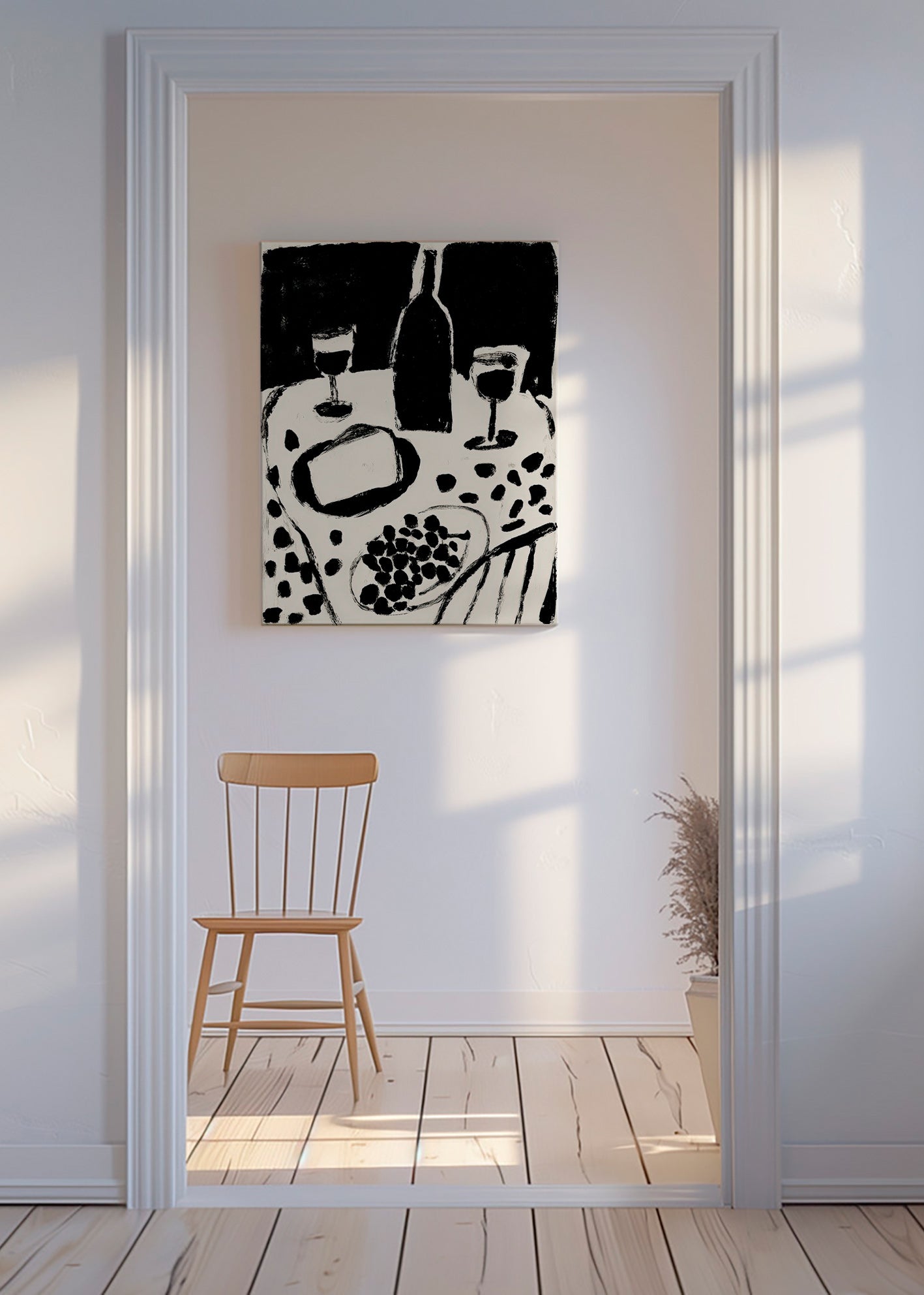 Kitchen art: bottle and grapes monochrome