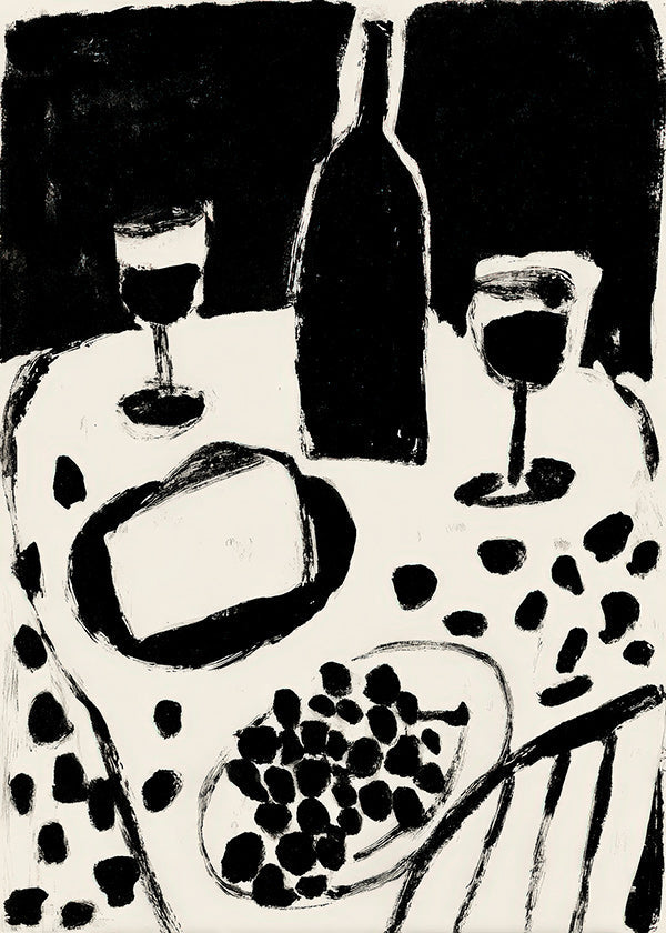 Kitchen art: bottle and grapes monochrome