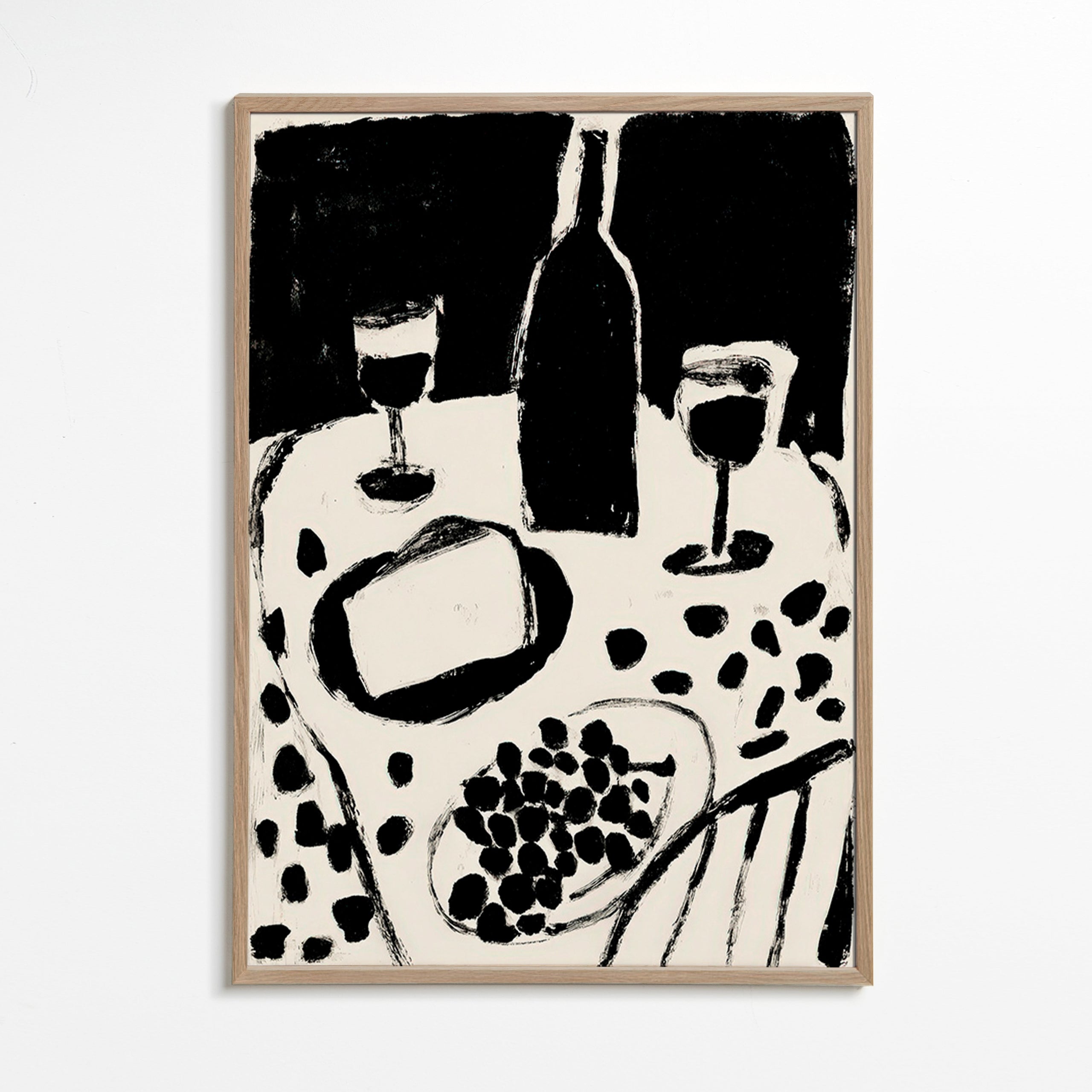 Kitchen art: bottle and grapes monochrome