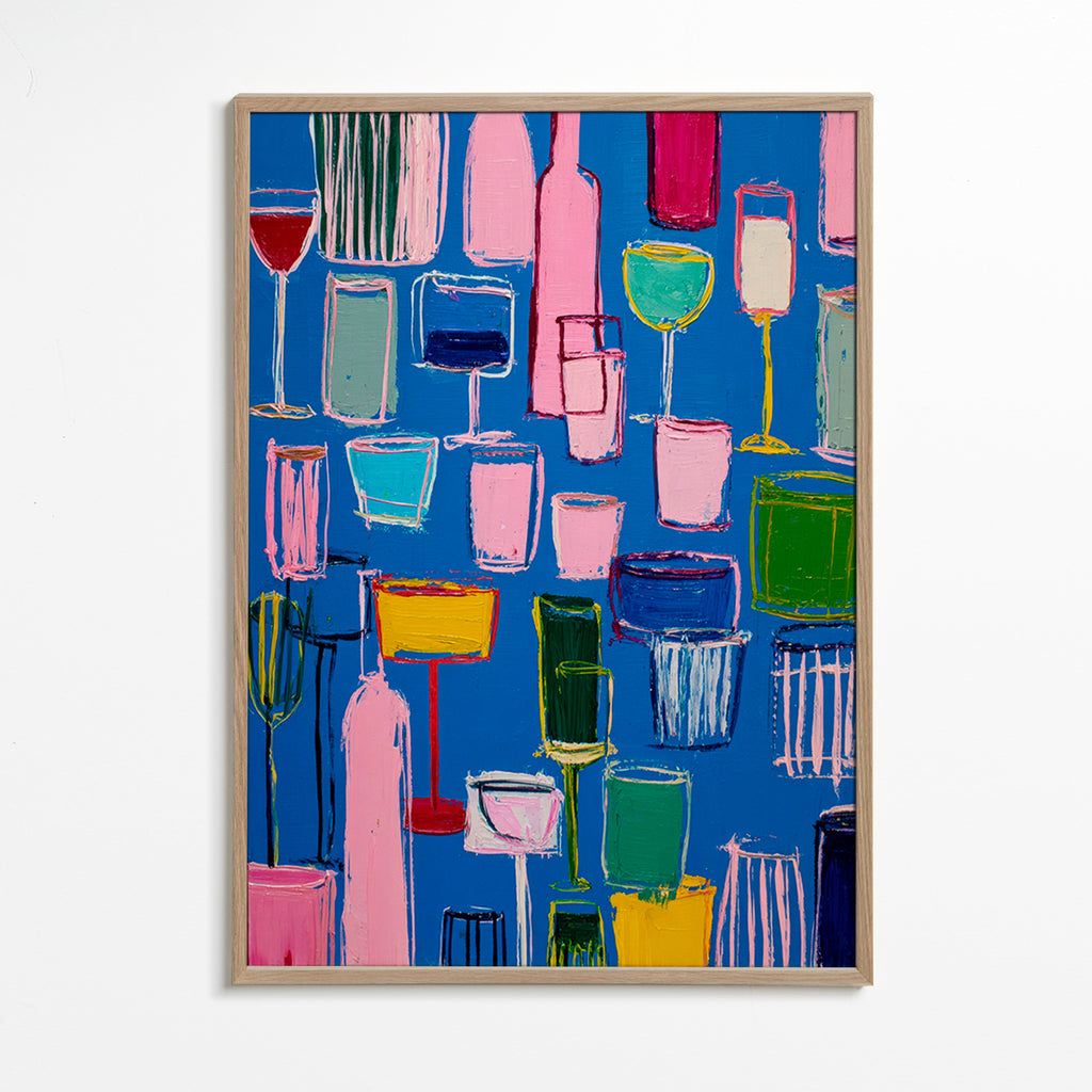 Kitchen art: colorful cocktails on blue background
