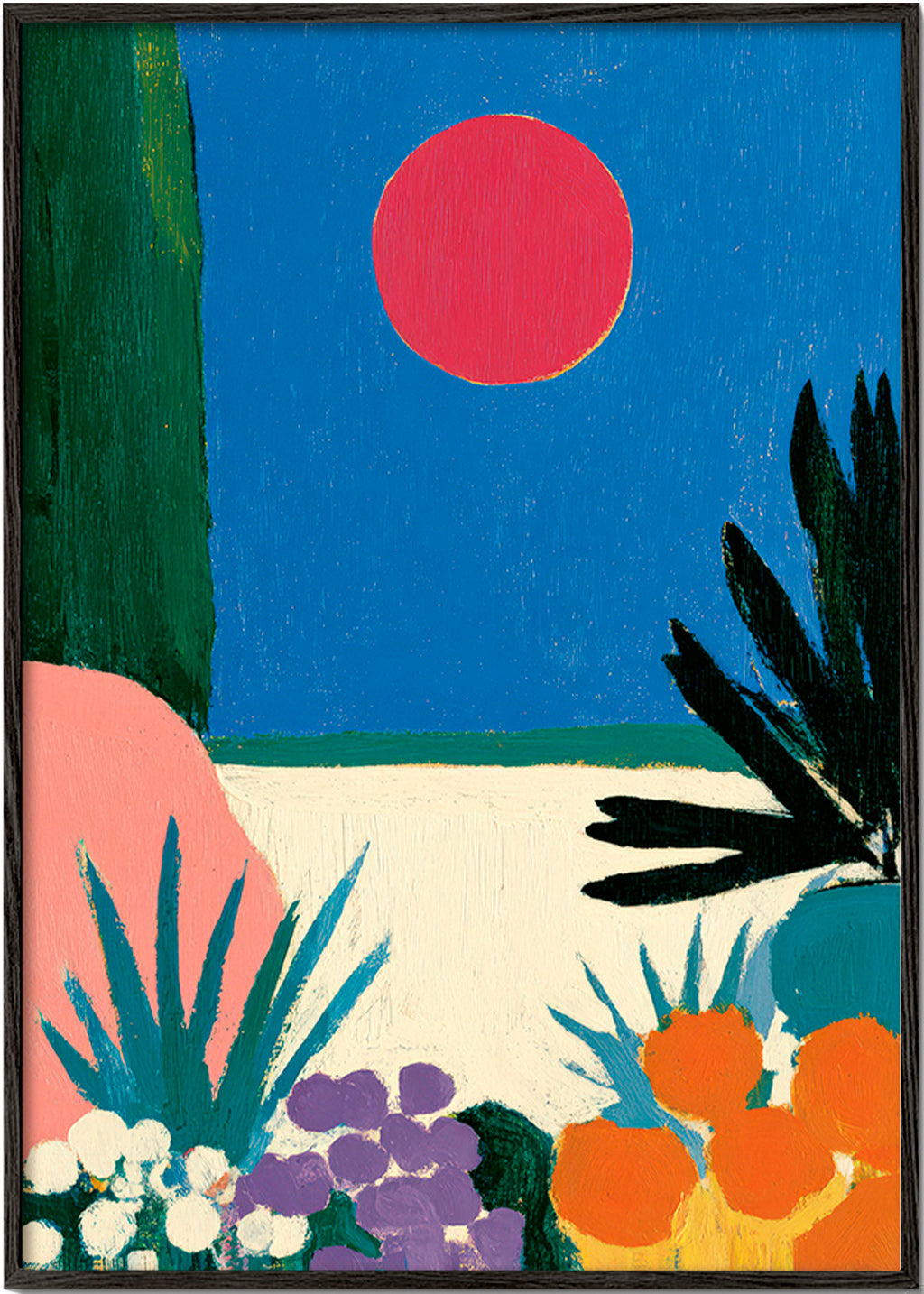 Lámina botánica con luna roja y jardín estilizado – Black Frame