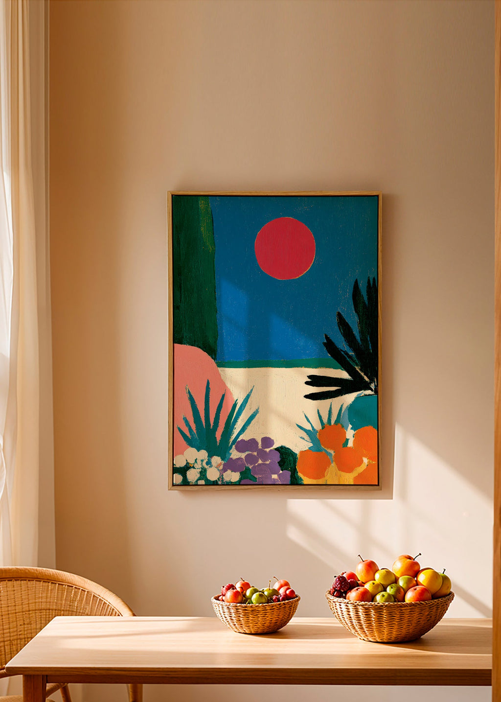 Lámina botánica con luna roja y jardín estilizado – Canvas1