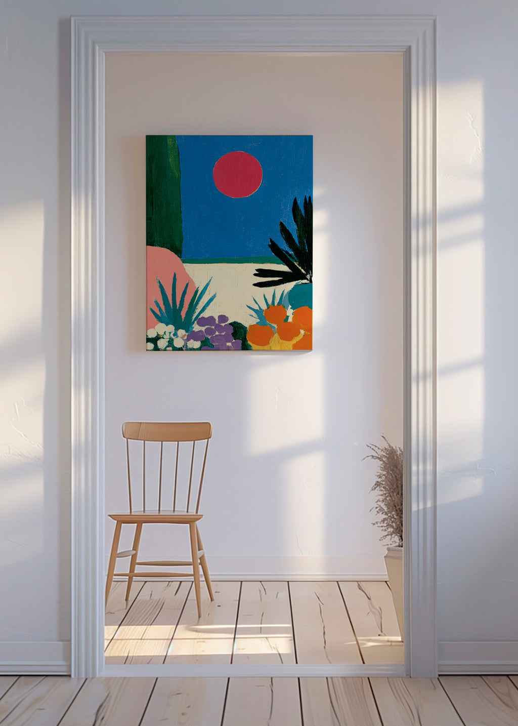 Lámina botánica con luna roja y jardín estilizado – Canvas