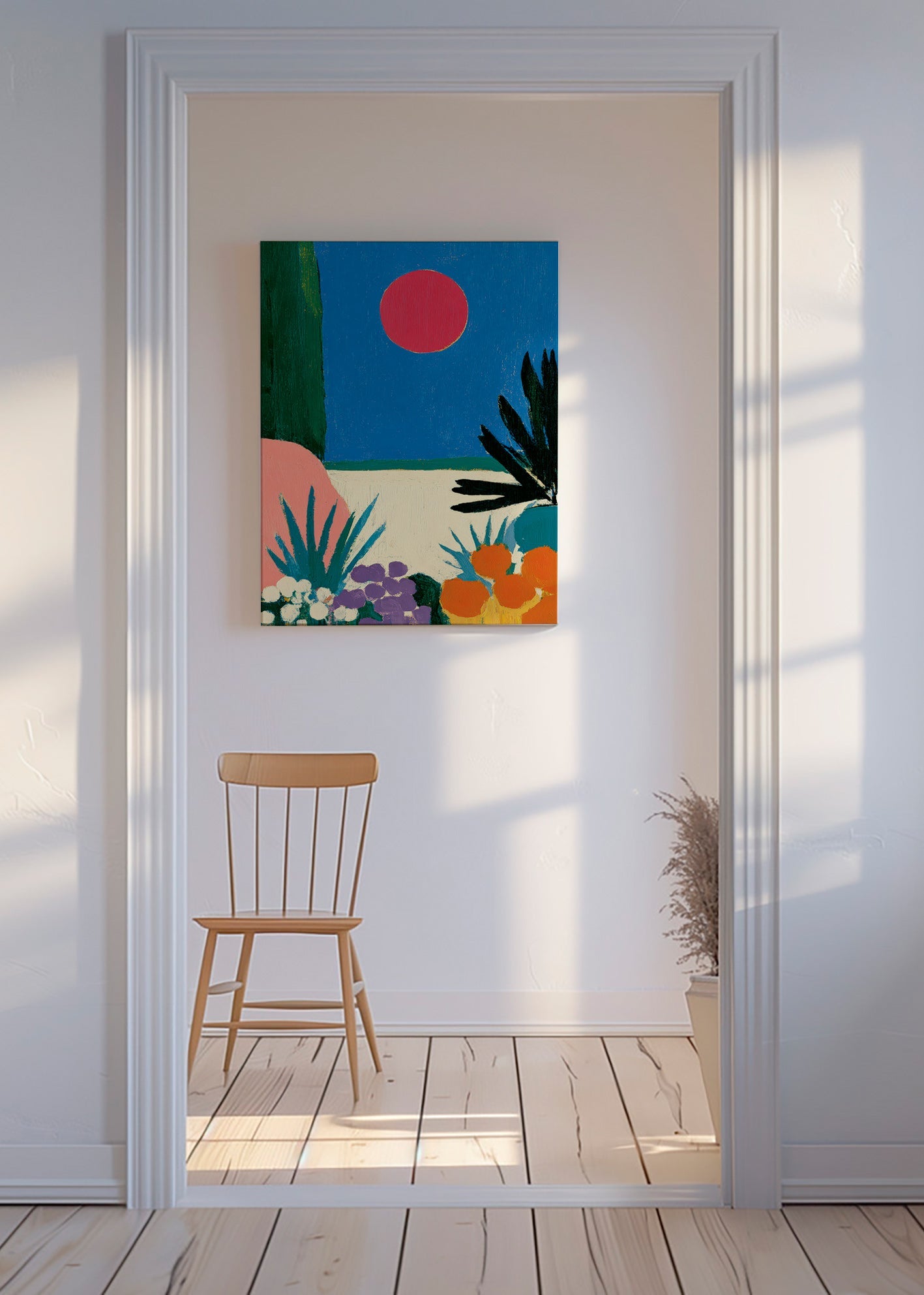 Lámina botánica con luna roja y jardín estilizado – Canvas