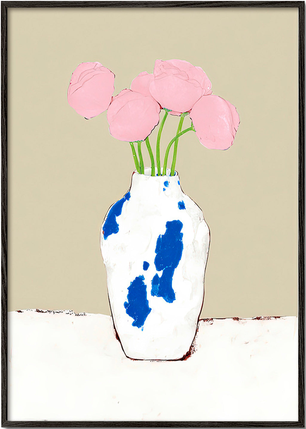 Lámina botánica con peonías en jarrón azul – Black Frame