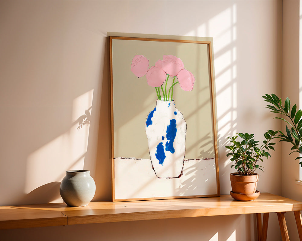Lámina botánica con peonías en jarrón azul – Product1