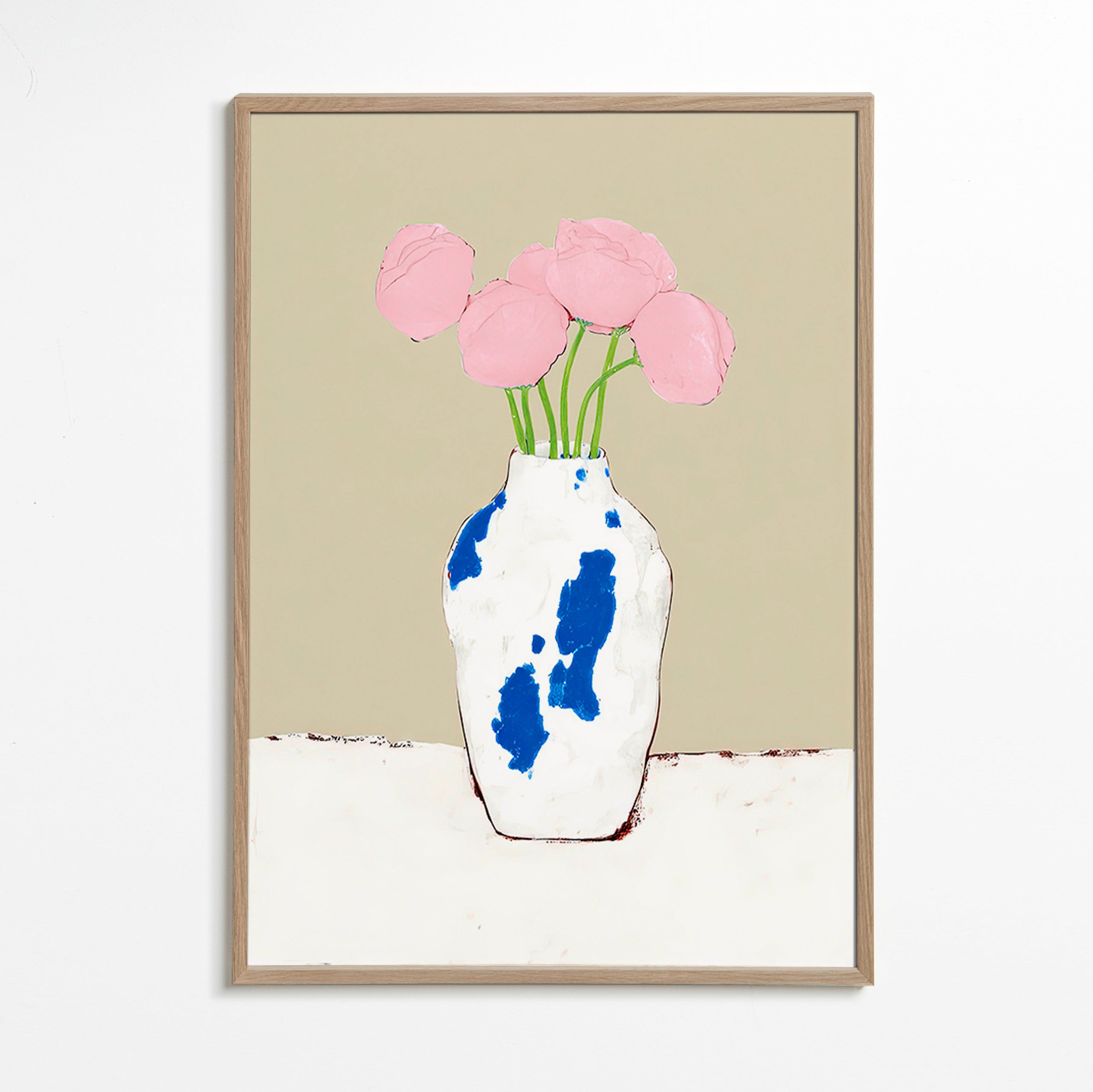 Lámina botánica con peonías en jarrón azul – Oak Frame