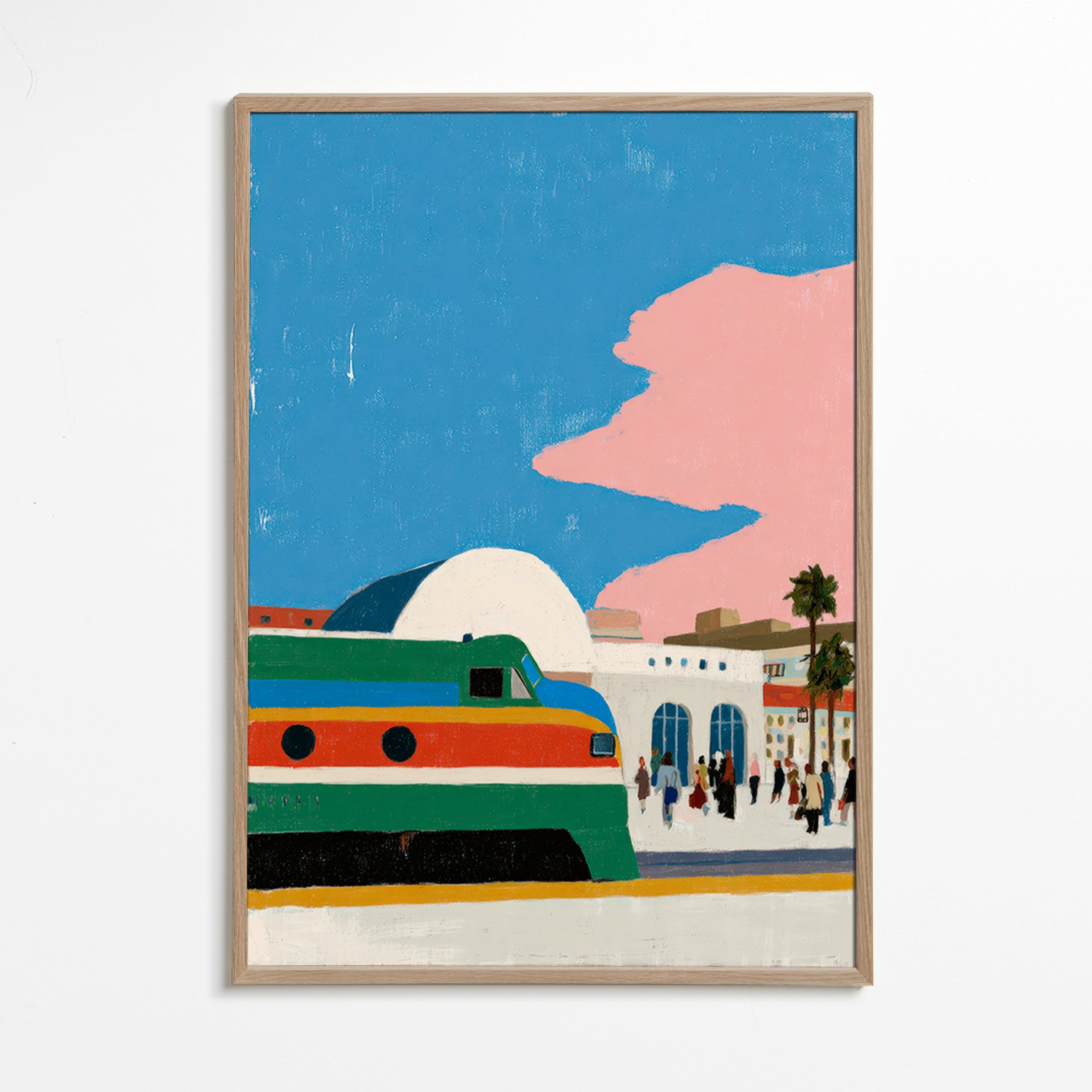 Train station artwork with colorful carriage