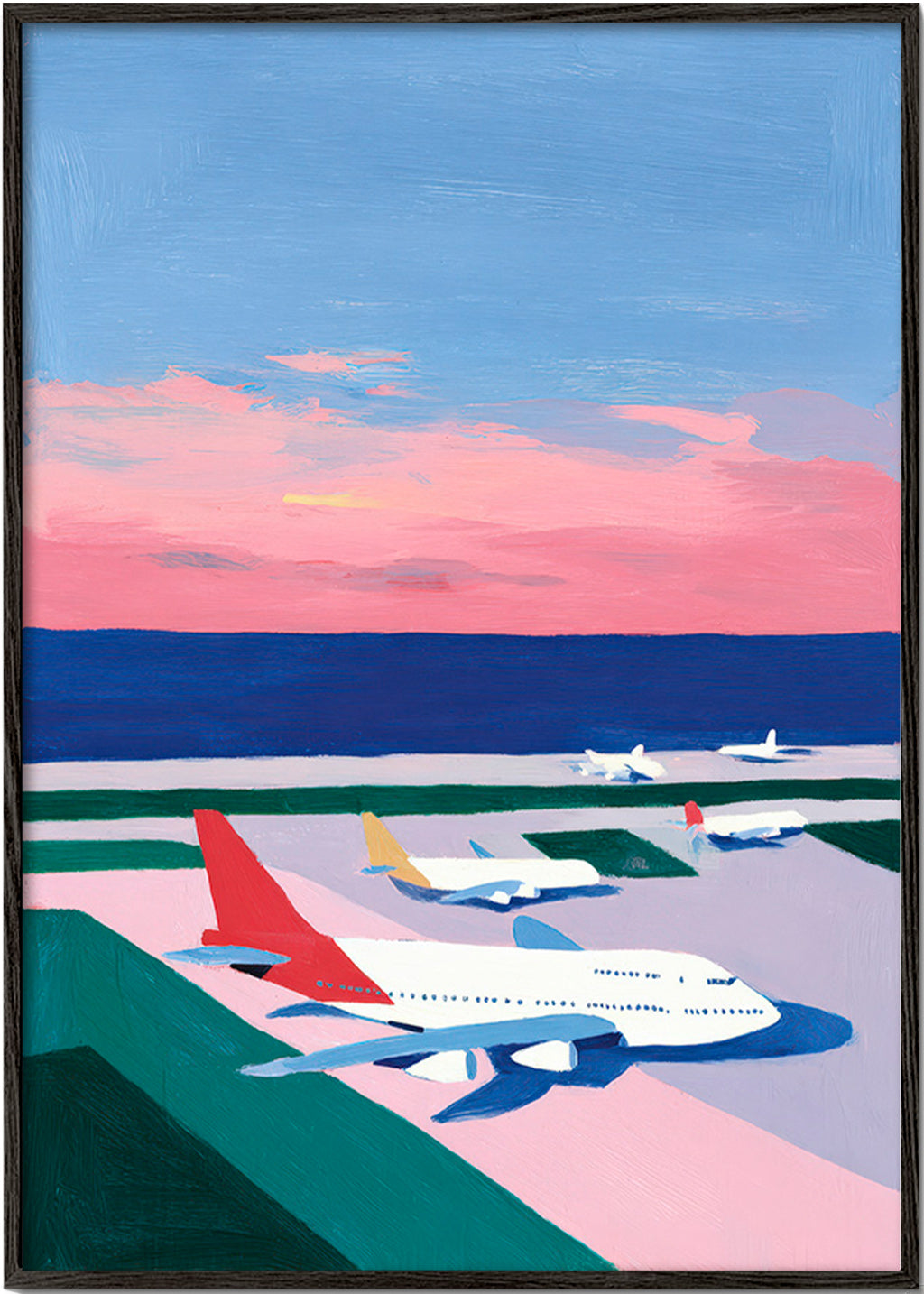 Travel poster: sunset runway scene