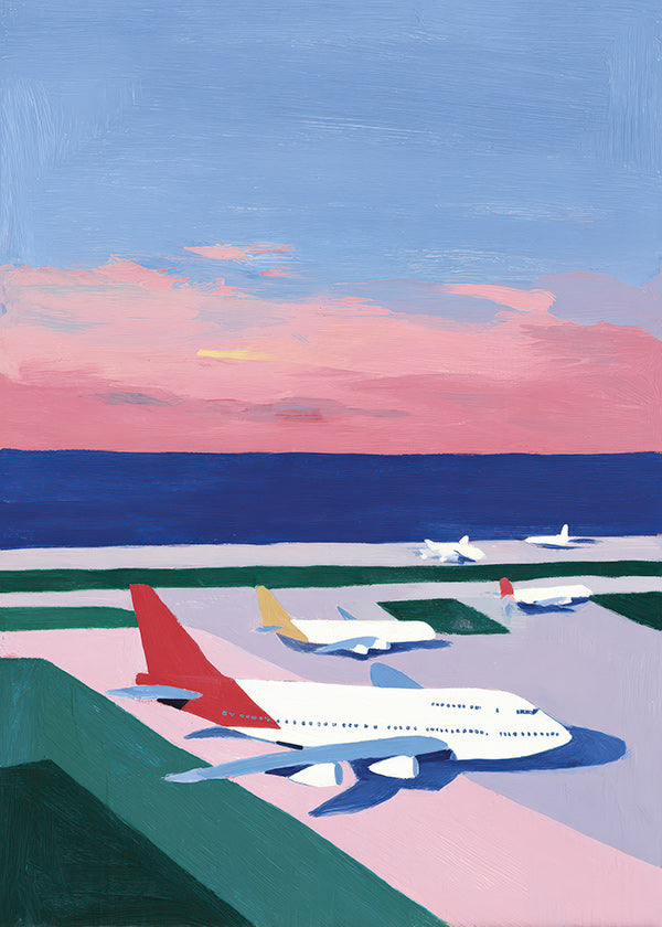 Travel poster: sunset runway scene