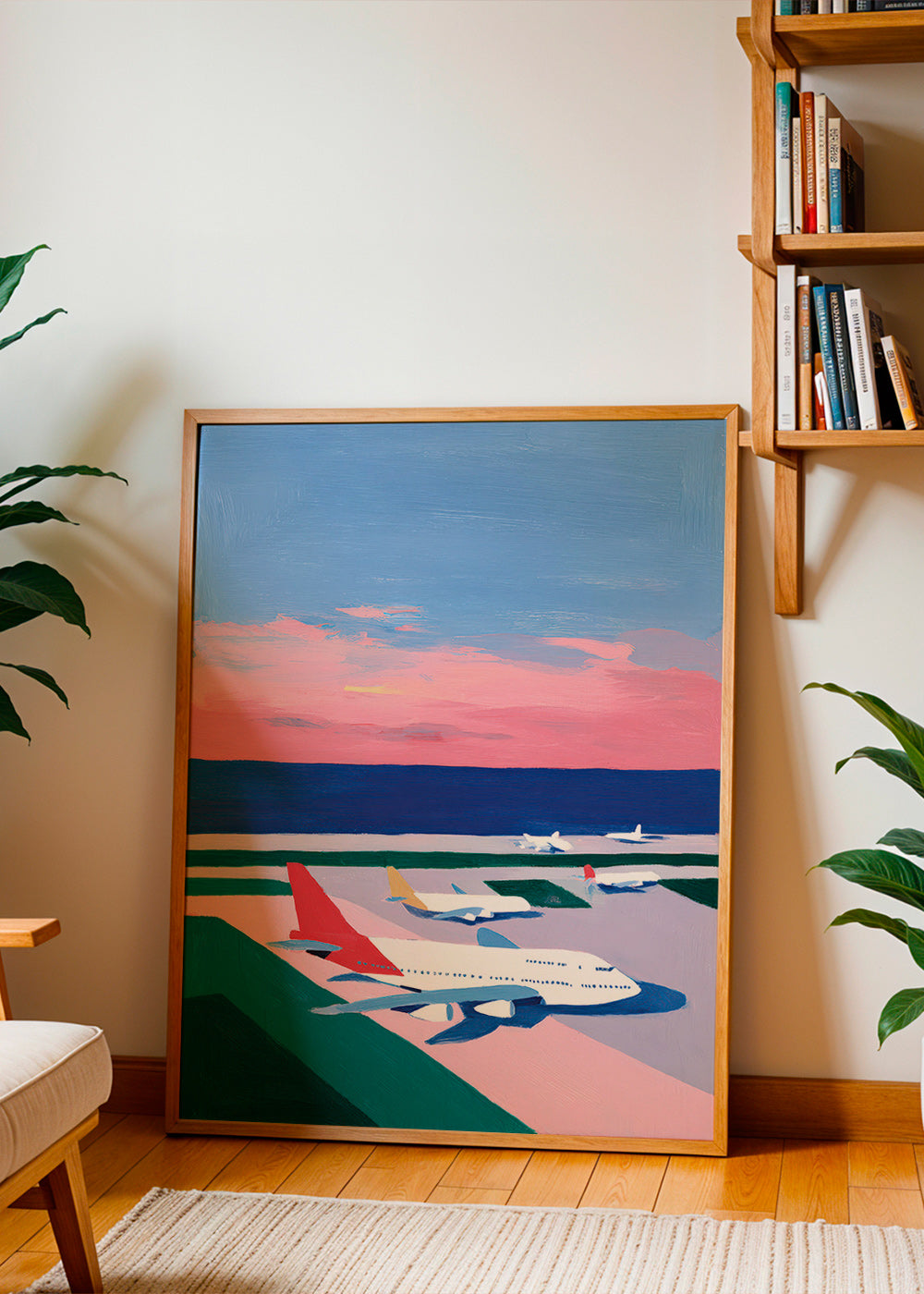 Cuadro de ciudades con aviones al atardecer – Product1