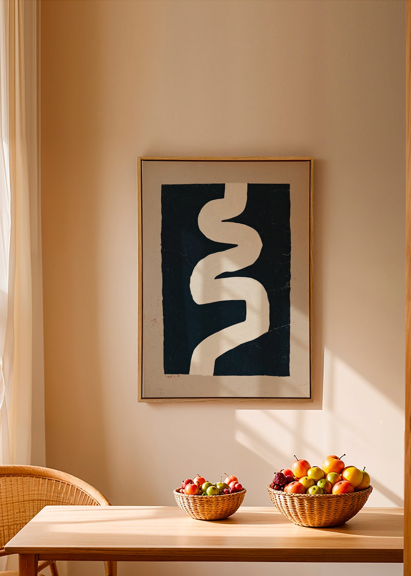 Minimalist print with a white curve on a dark panel