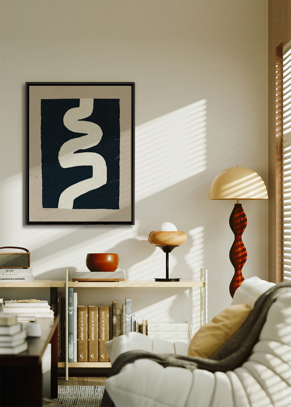 Minimalist print with a white curve on a dark panel