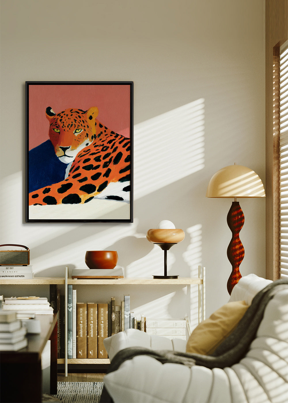 Artwork: Resting leopard on pink background