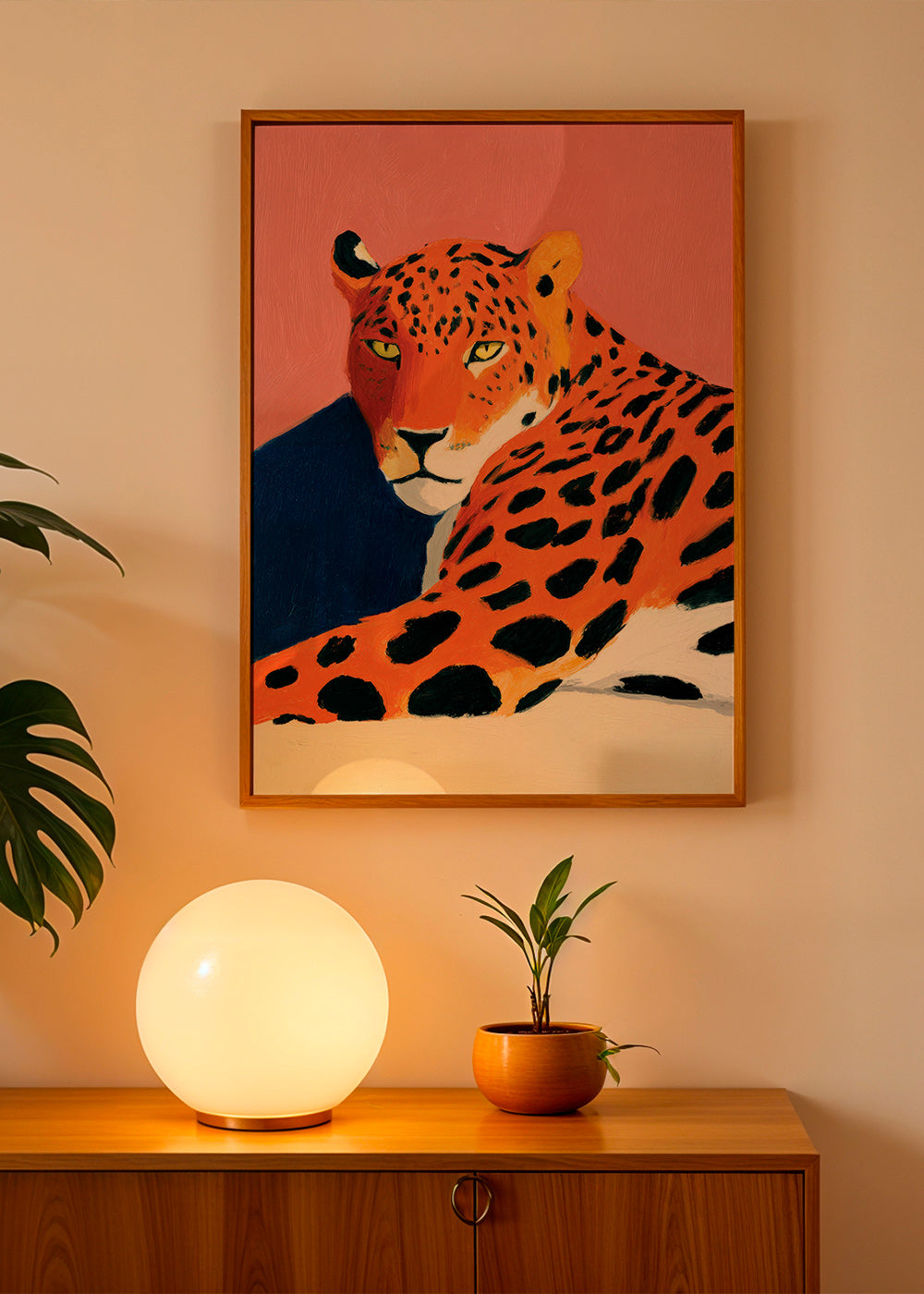 Artwork: Resting leopard on pink background