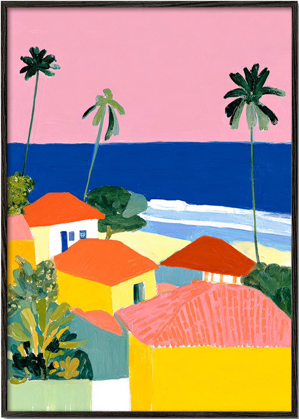 Cuadro de paisaje: palmeras y casas en tonos cálidos – Black Frame