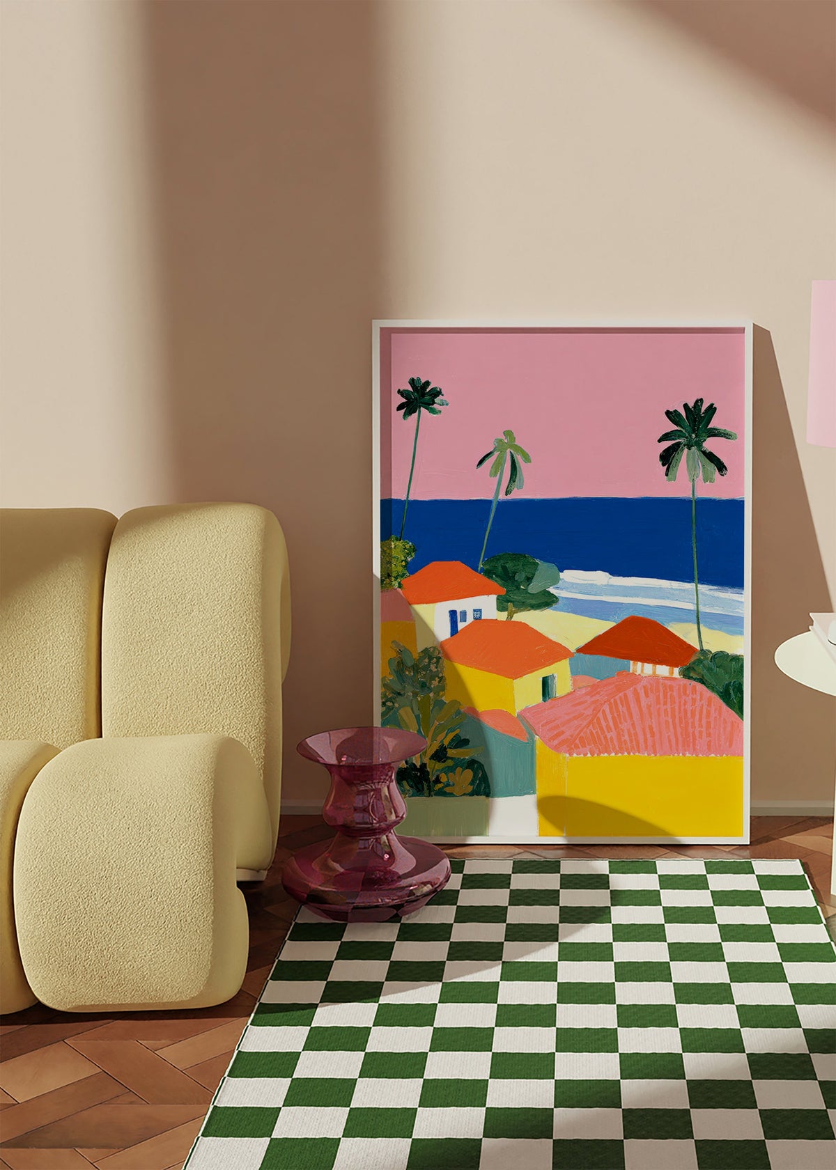 Cuadro de paisaje: palmeras y casas en tonos cálidos – Product1
