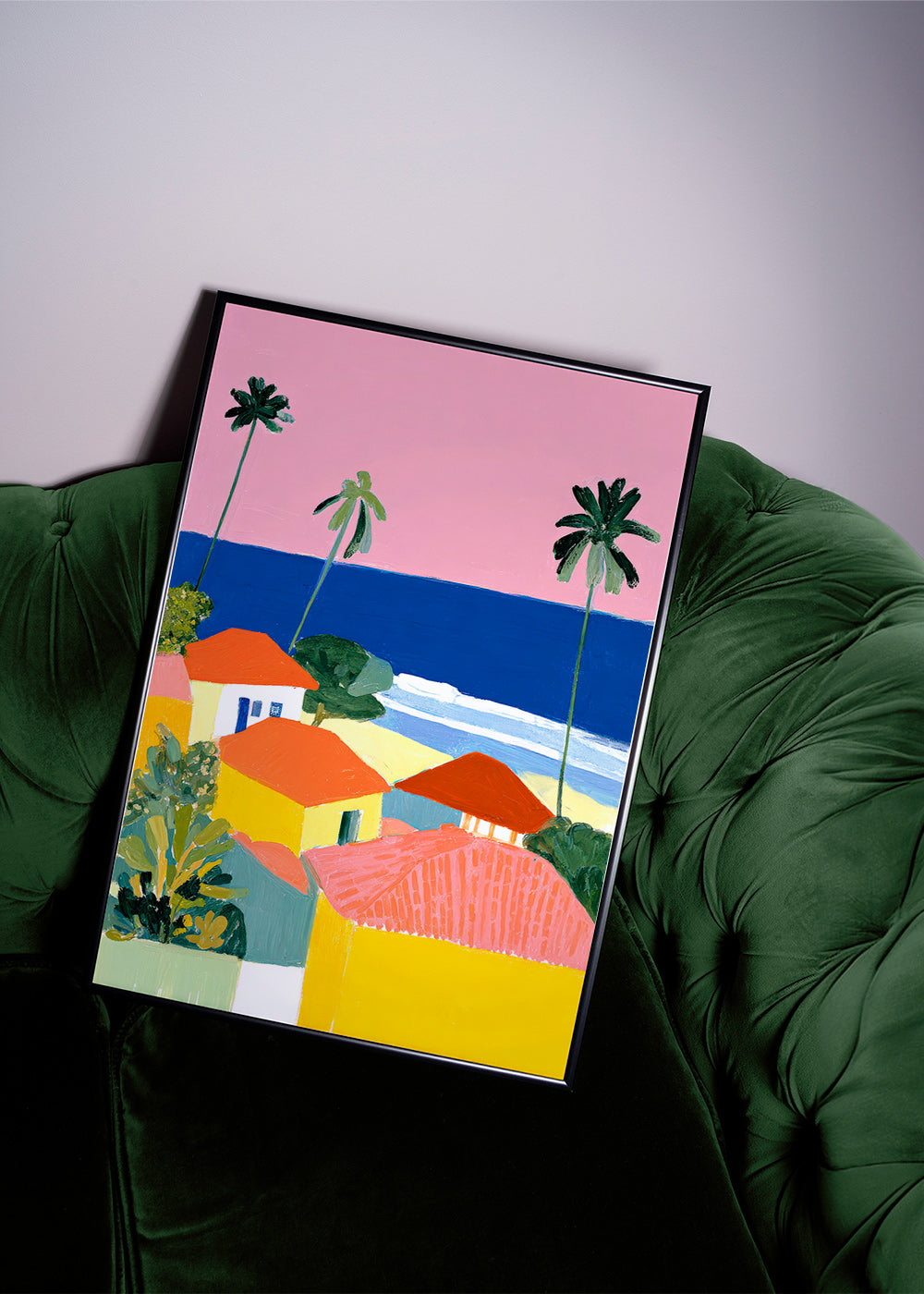 Cuadro de paisaje: palmeras y casas en tonos cálidos – Product2