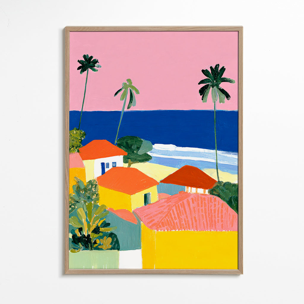 Cuadro de paisaje: palmeras y casas en tonos cálidos – Oak Frame