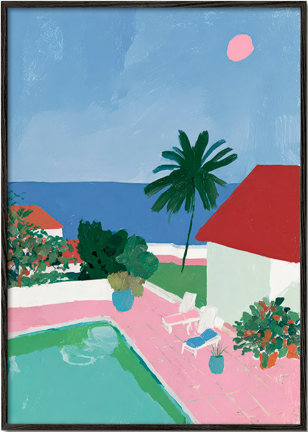 Cuadro de paisaje con piscina, palmera y casa roja – Black Frame