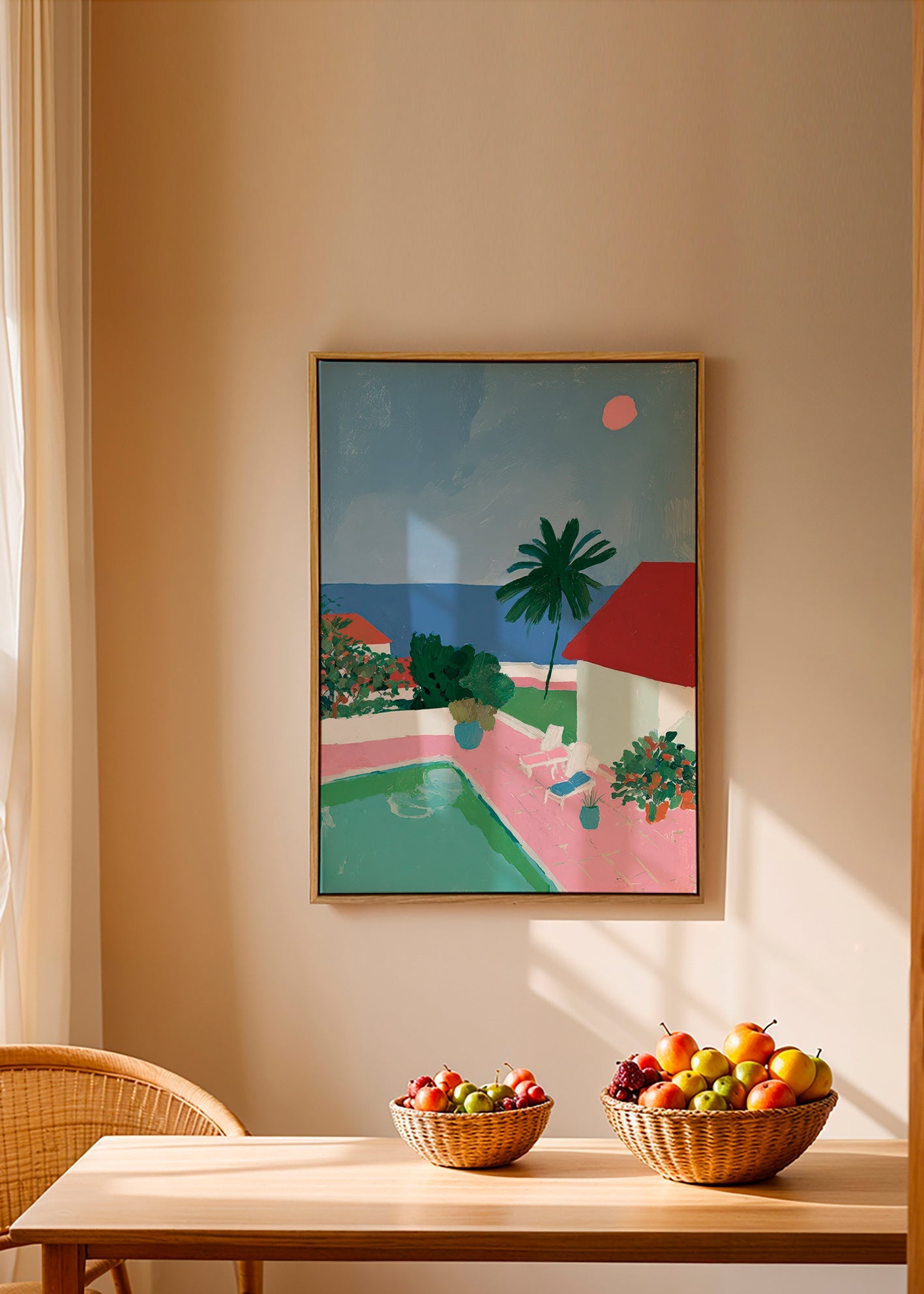 Cuadro de paisaje con piscina, palmera y casa roja – Canvas2