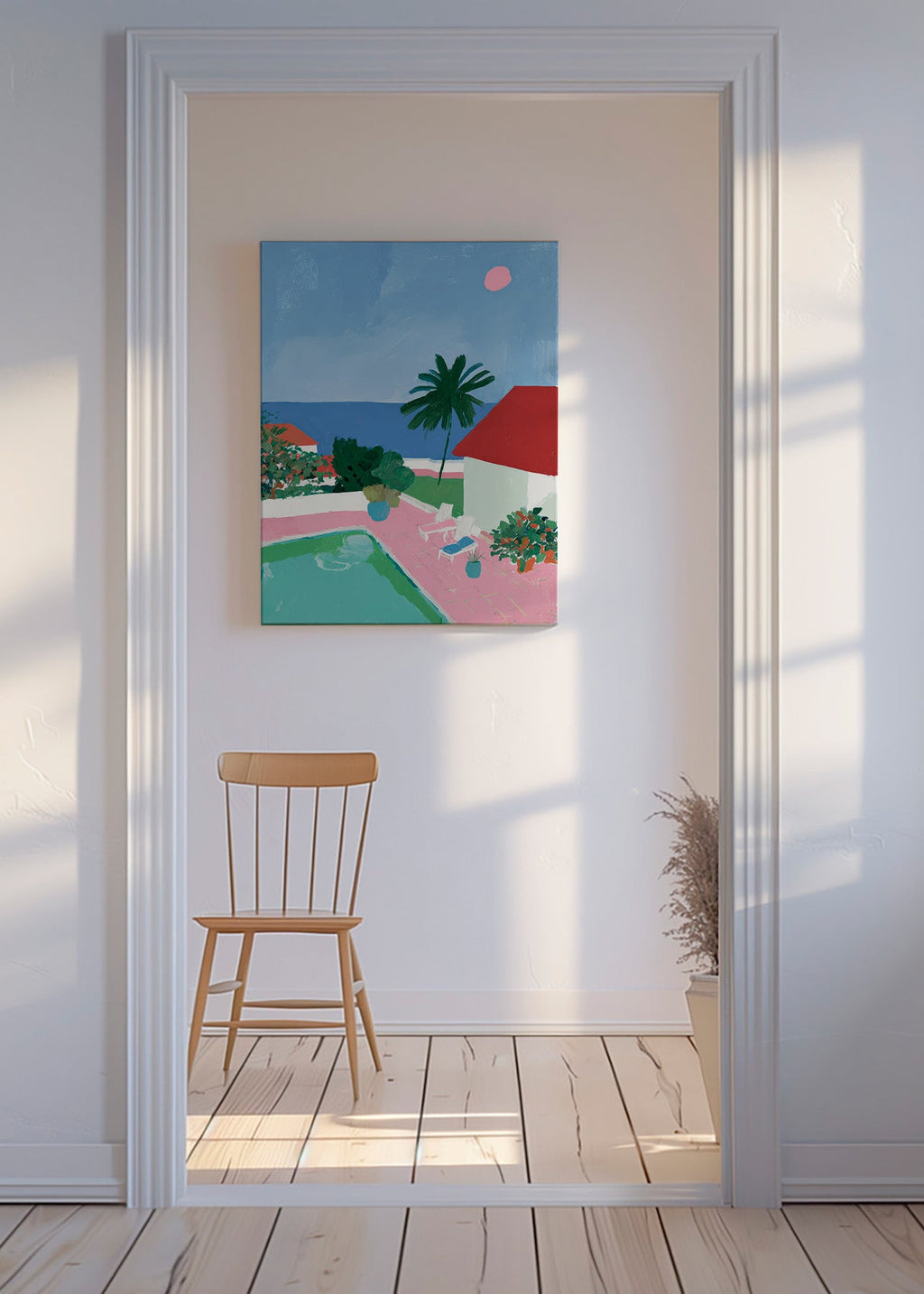 Cuadro de paisaje con piscina, palmera y casa roja – Canvas