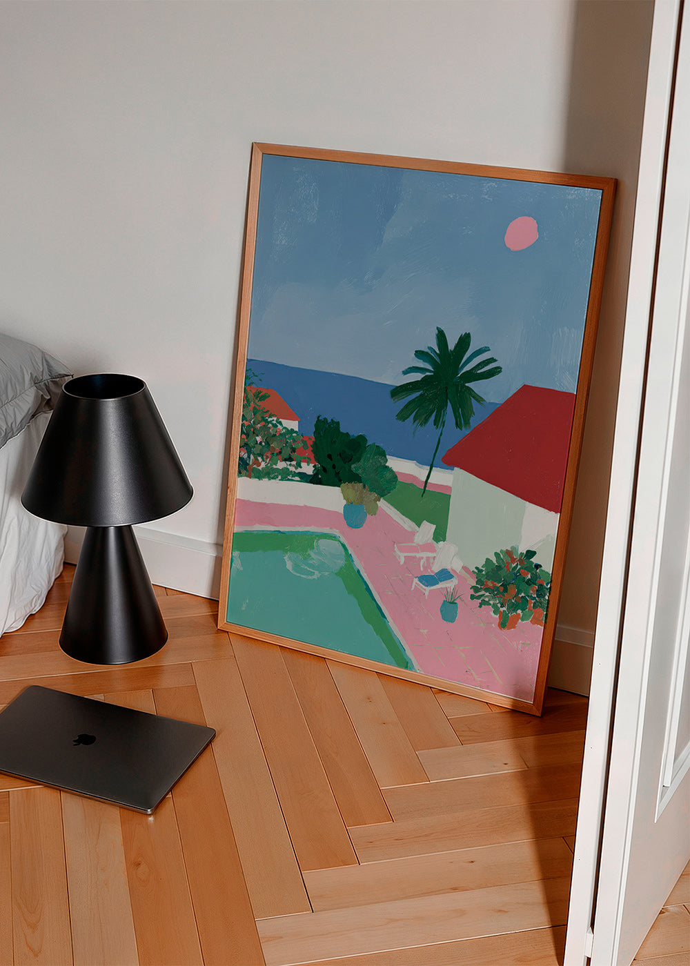 Cuadro de paisaje con piscina, palmera y casa roja – Product3