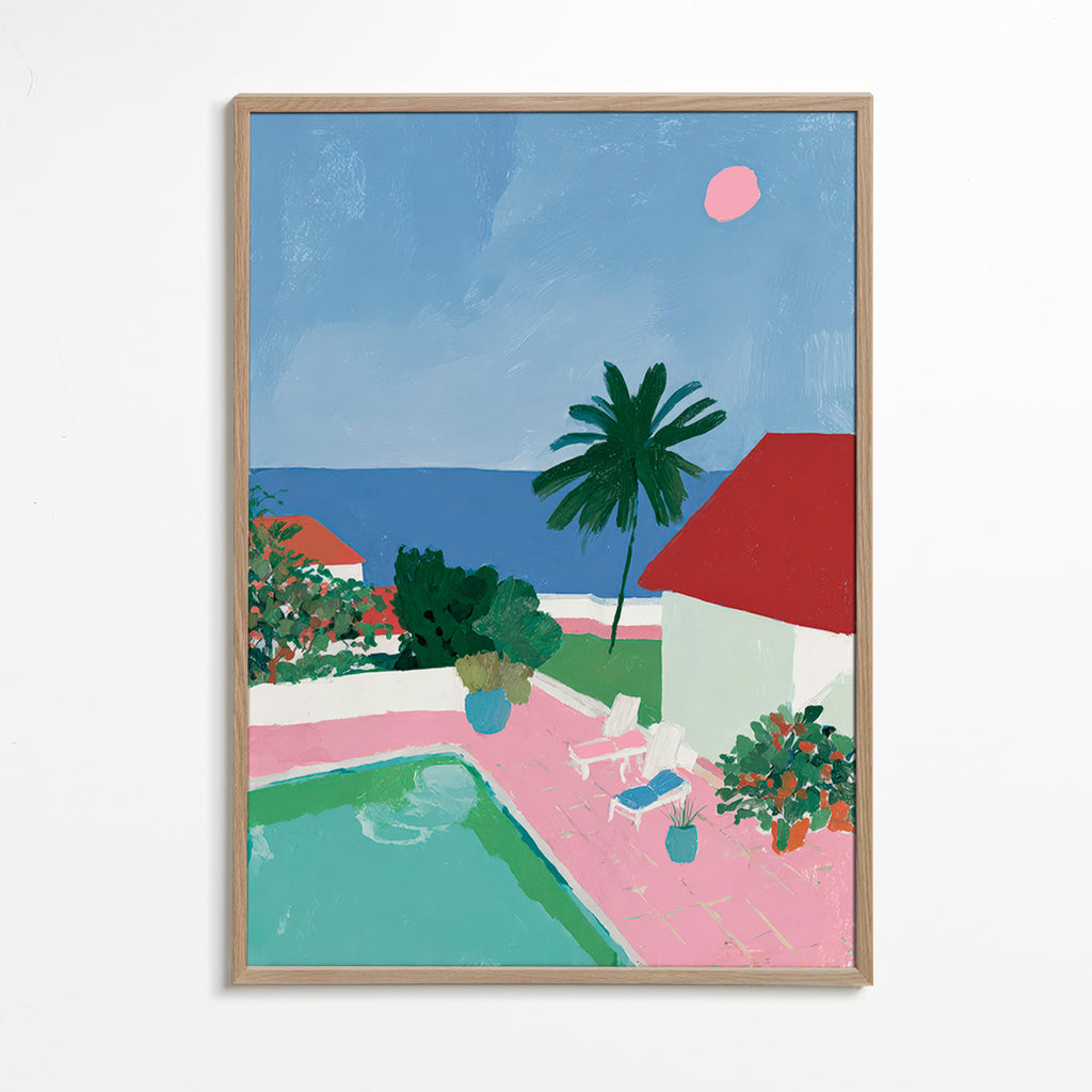 Cuadro de paisaje con piscina, palmera y casa roja – Oak Frame