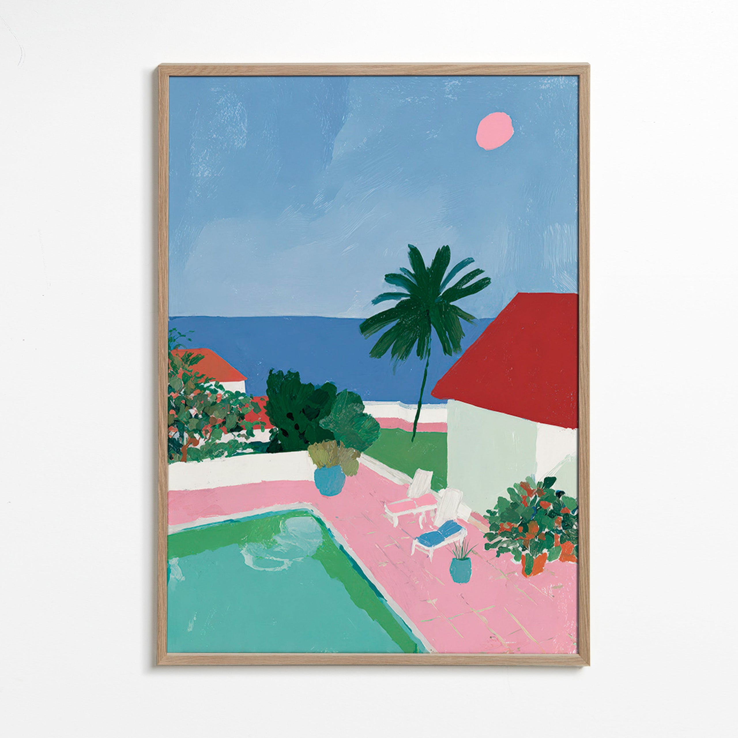 Cuadro de paisaje con piscina, palmera y casa roja – Oak Frame