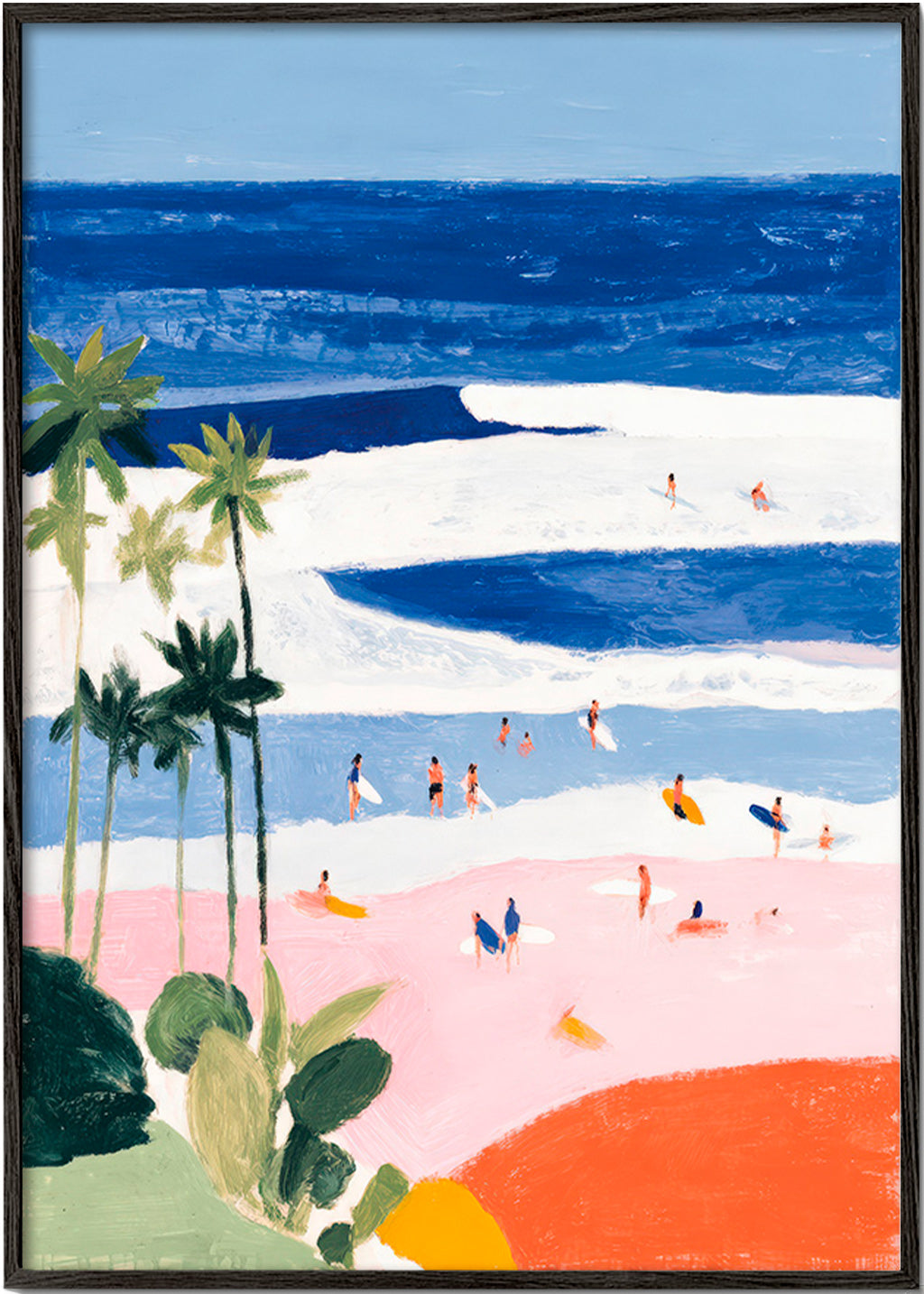 Cuadro de paisaje con surf y palmeras – Black Frame