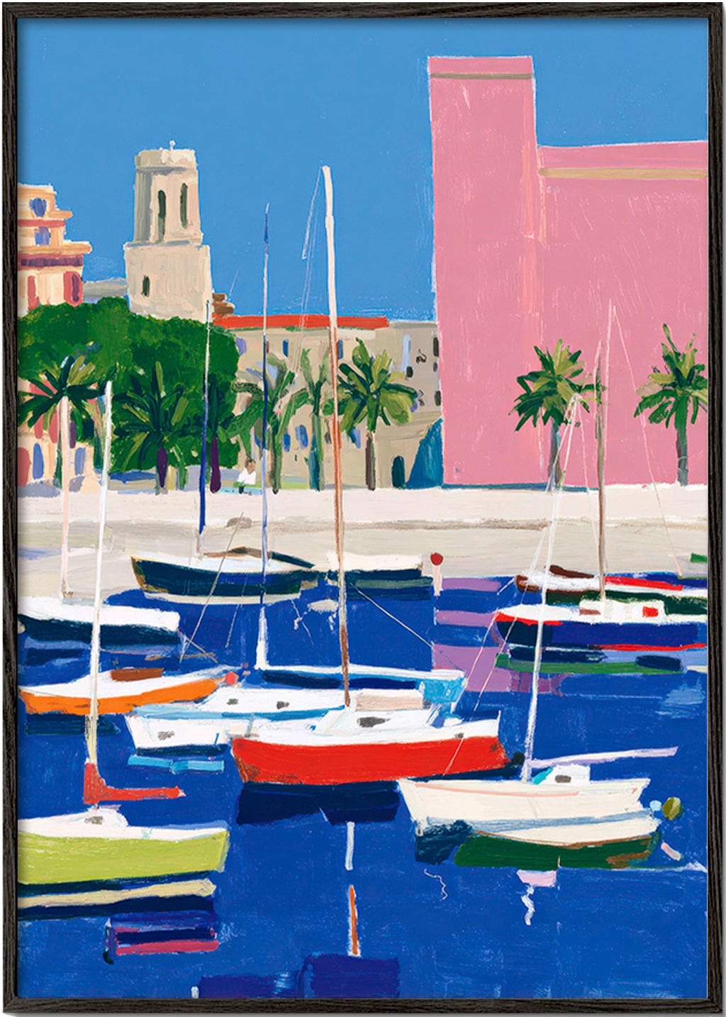 Cuadro de paisaje: puerto en tonos pastel – Black Frame