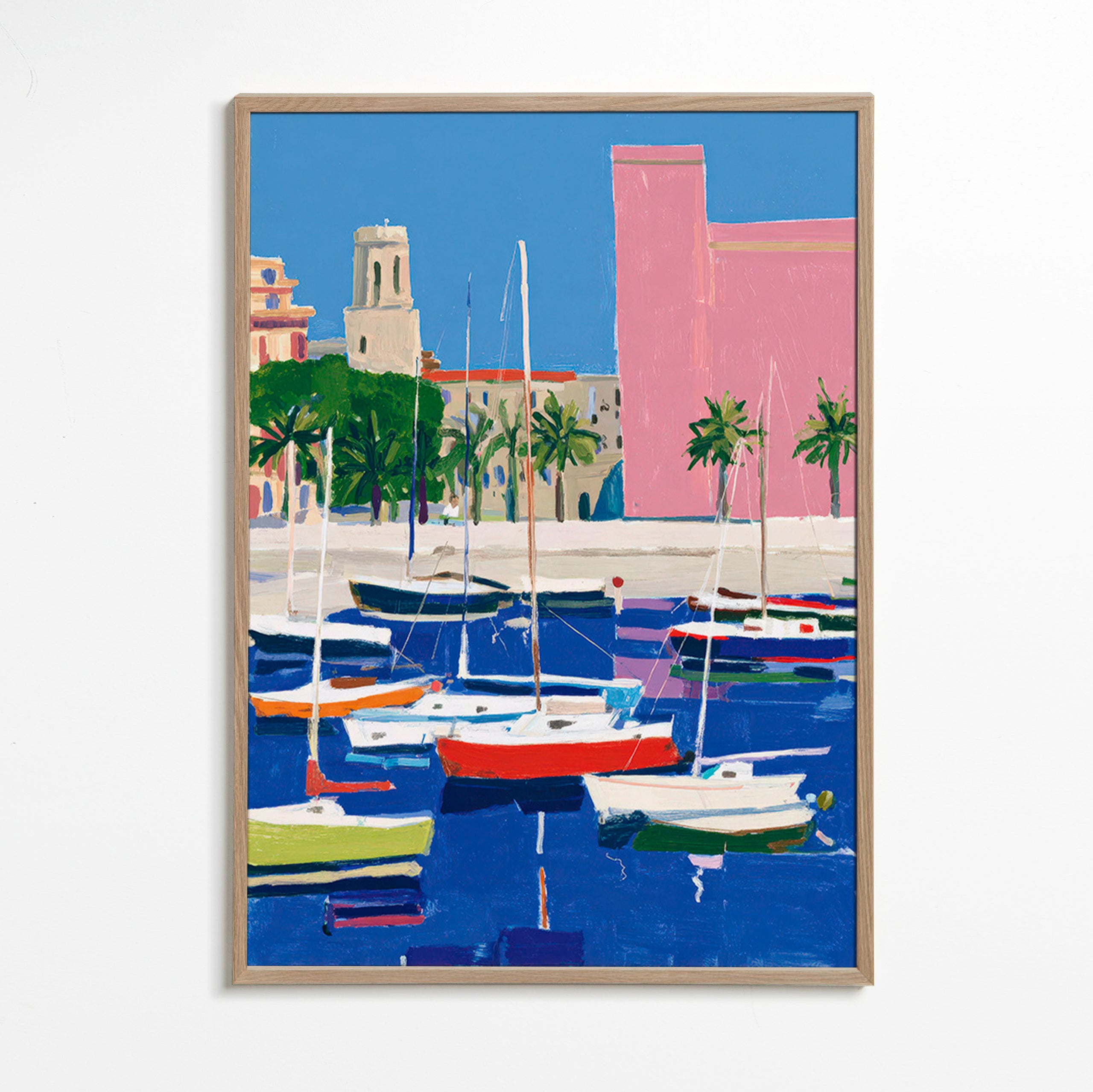 Cuadro de paisaje: puerto en tonos pastel – Oak Frame