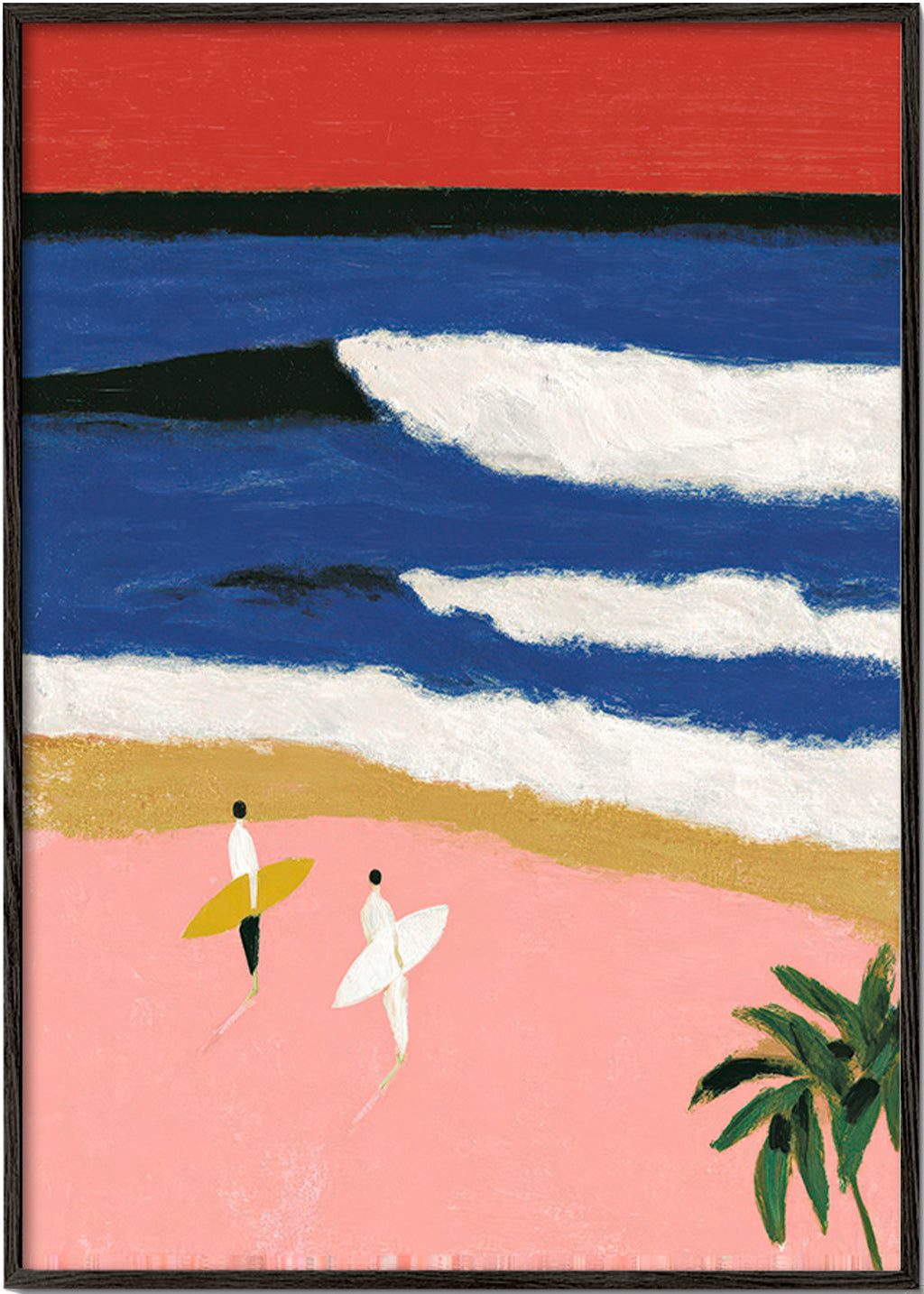 Cuadro de paisaje con surfistas y arena rosa – Black Frame