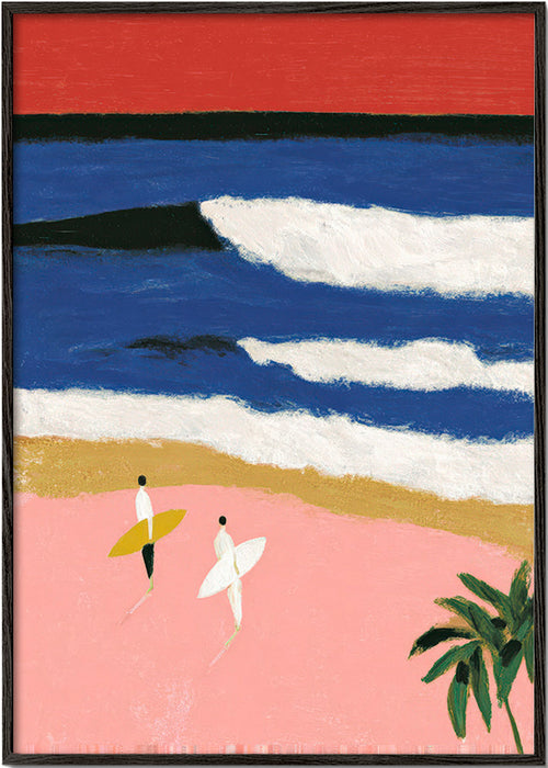 Cuadro de paisaje con surfistas y arena rosa – Black Frame