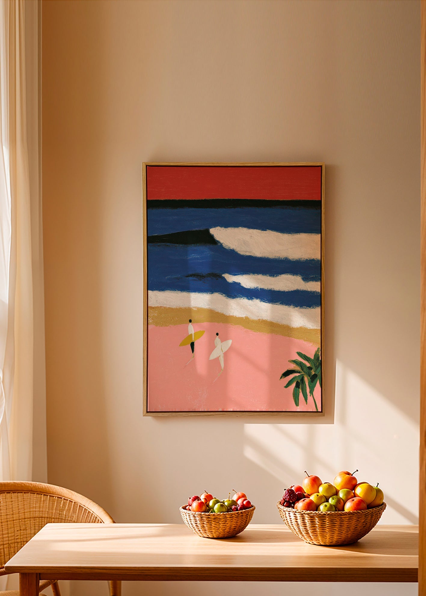 Cuadro de paisaje con surfistas y arena rosa – Canvas2