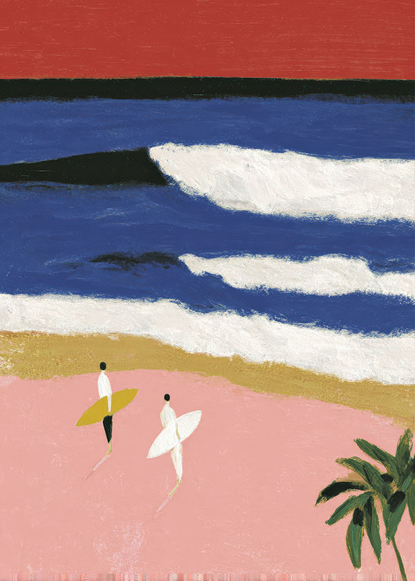 Cuadro de paisaje con surfistas y arena rosa