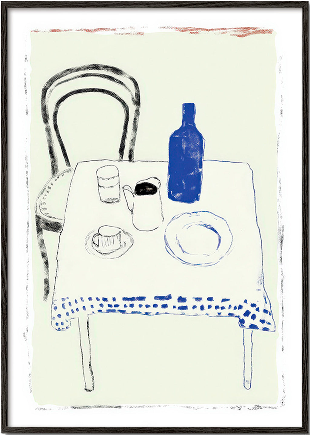 Cuadro de cocina con botella azul y vajilla minimal – Black Frame