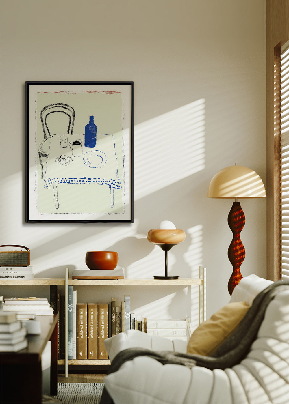 Cuadro de cocina con botella azul y vajilla minimal – Canvas2