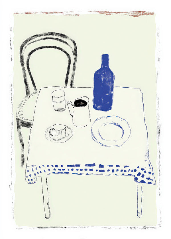 Cuadro de cocina con botella azul y vajilla minimal