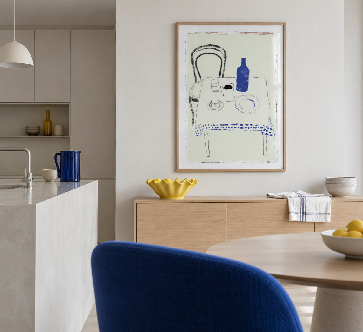 Blue Bottle Table - Framed poster in an interior